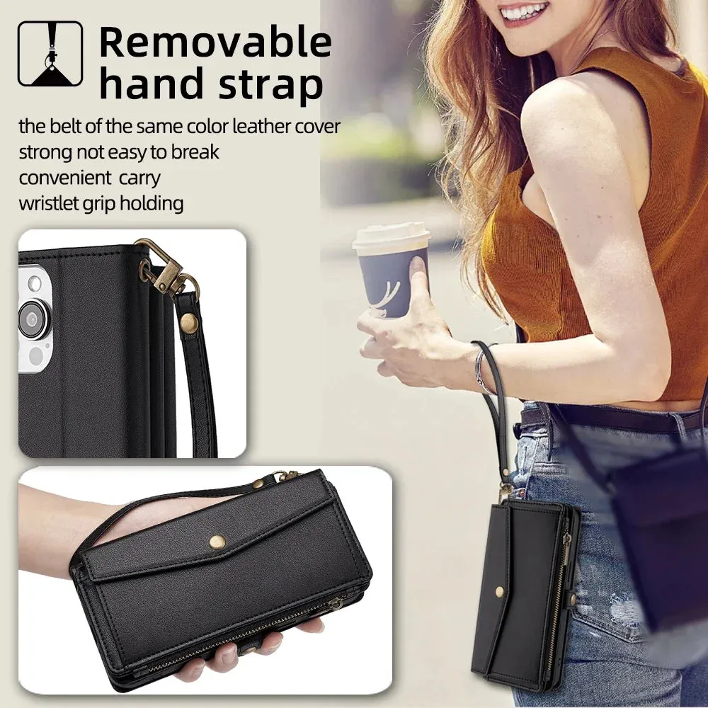 Wallet Flip Stand Leather Case for iPhone 6-15 Pro Max with Crossbody Strap