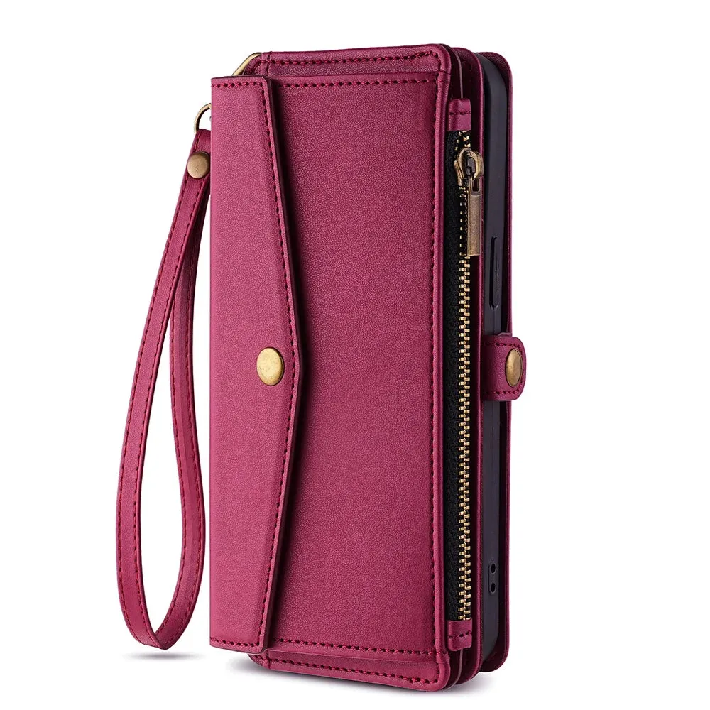 Wallet Flip Stand Leather Case for iPhone 6-15 Pro Max with Crossbody Strap