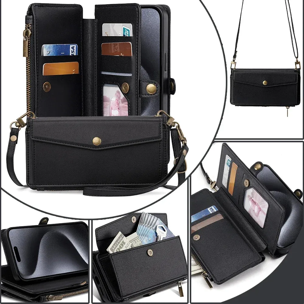 Wallet Flip Stand Leather Case for iPhone 6-15 Pro Max with Crossbody Strap