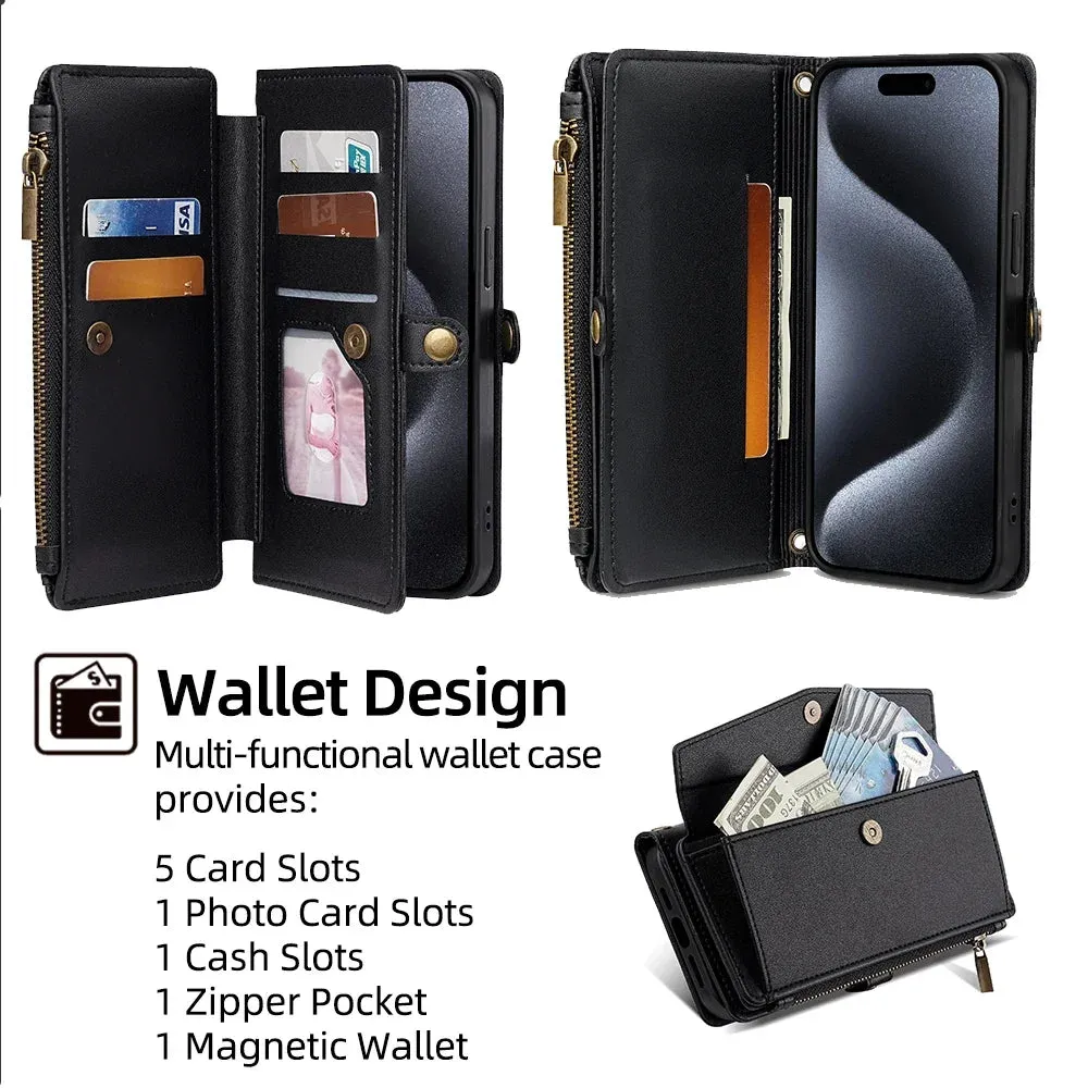 Wallet Flip Stand Leather Case for iPhone 6-15 Pro Max with Crossbody Strap