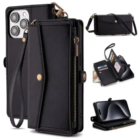 Wallet Flip Stand Leather Case for iPhone 6-15 Pro Max with Crossbody Strap