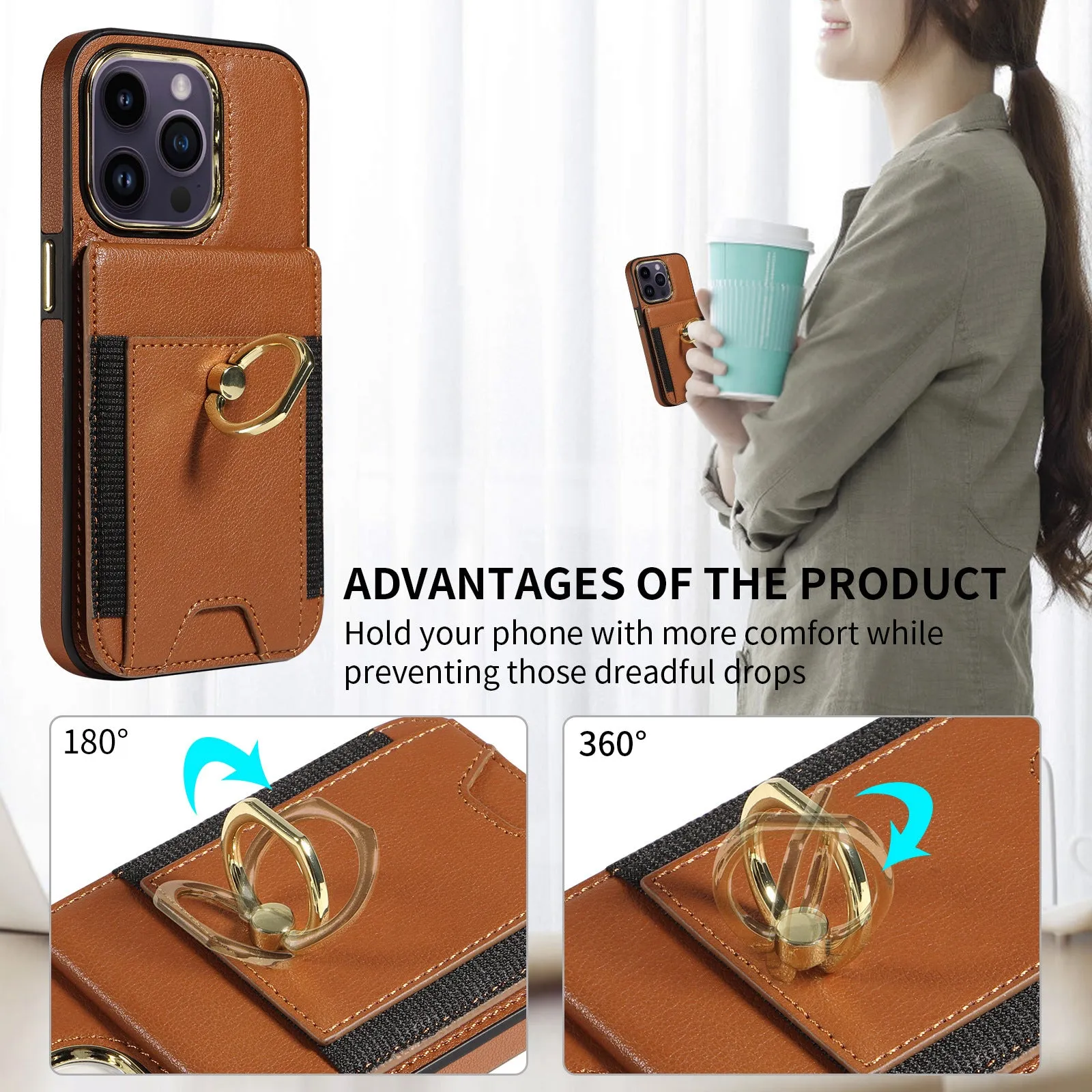 Wallet Leather Phone Case With Wallet Pocket and Ring Holder For IPhone