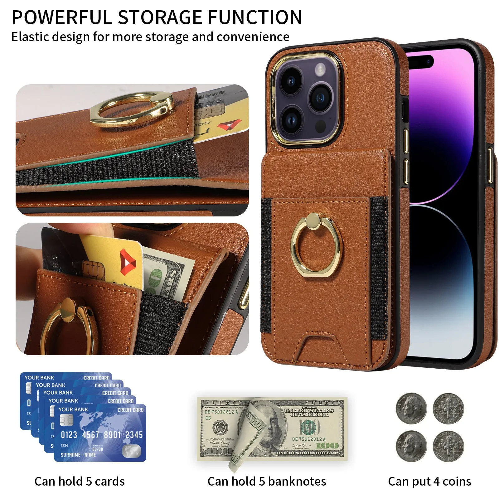 Wallet Leather Phone Case With Wallet Pocket and Ring Holder For IPhone