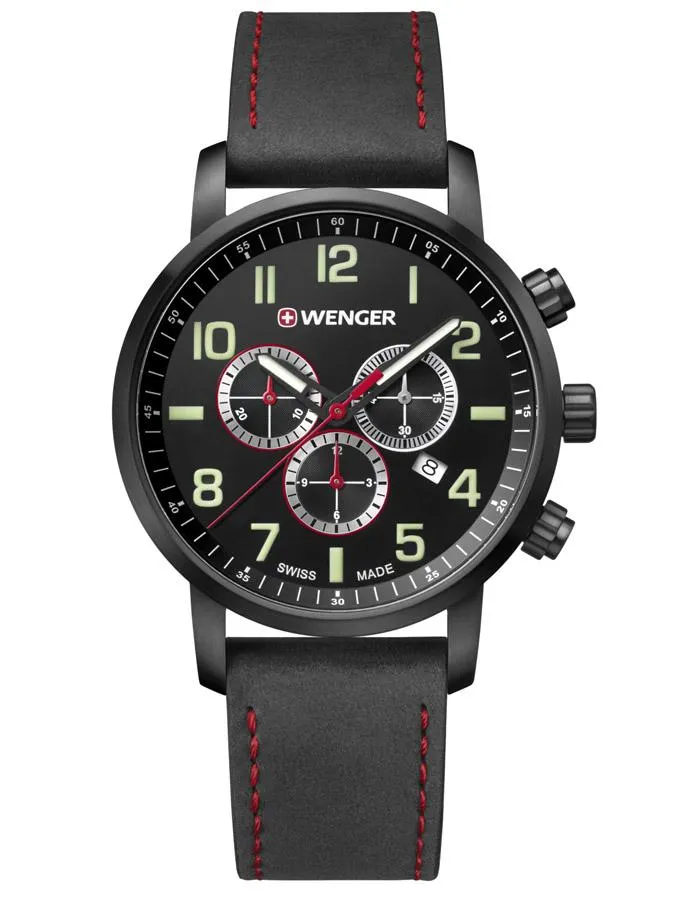 Wenger Mens Attitude Chronograph - Black PVD Case -Red Accents - Date Window