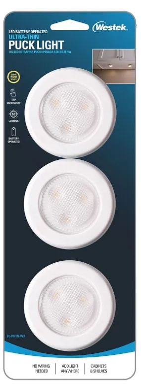 Westek BL-PUTN-W3 Compact Ultra-Thin Puck Light, 12 V, AAA Battery, 1-Lamp, LED Lamp, 50 Lumens, White, 3/CD :CD3: QUANTITY: 1