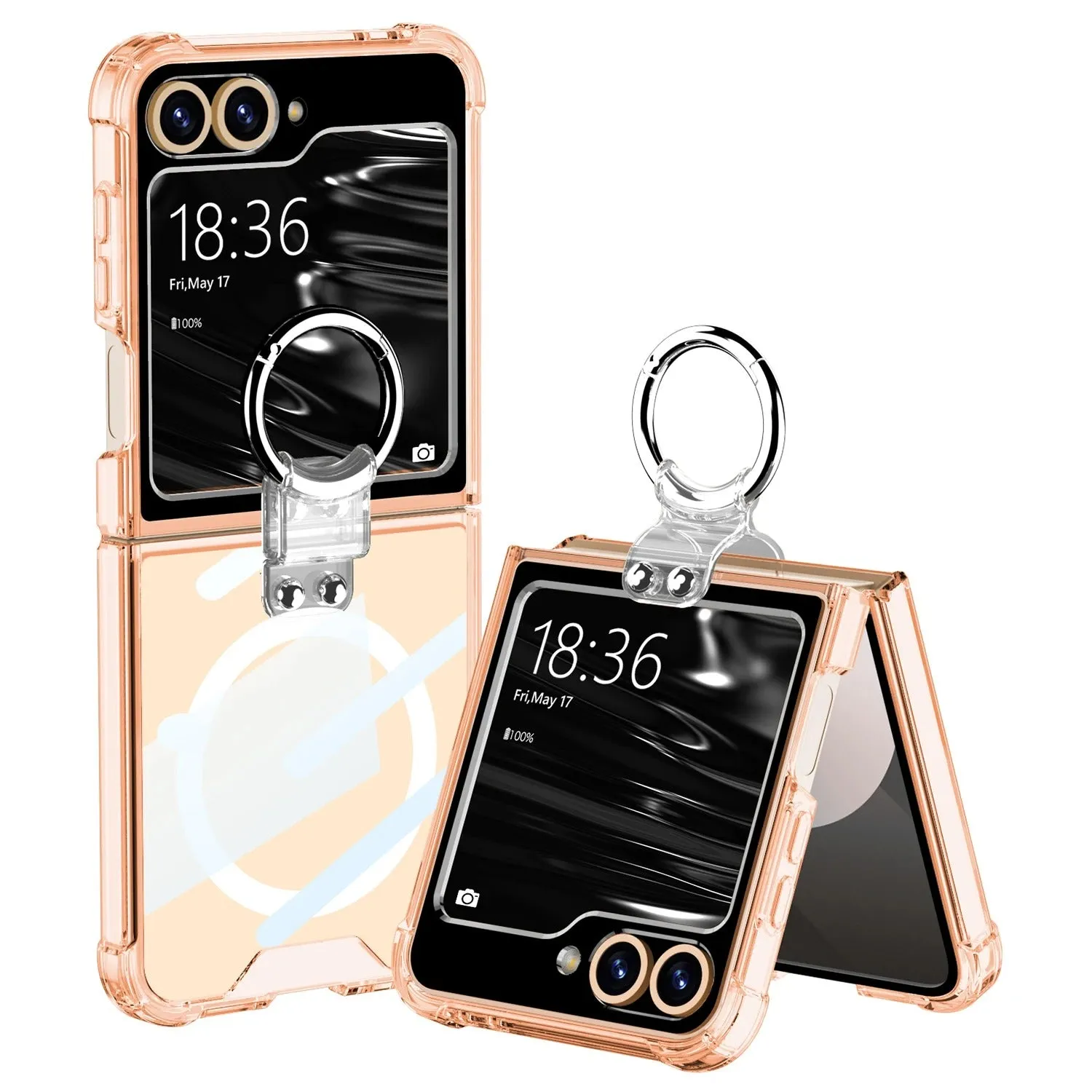 Wireless Charging Transparent Silver Ring Bracket Phone Case Four Corner Protection For Samsung Galaxy Z Flip 6 5