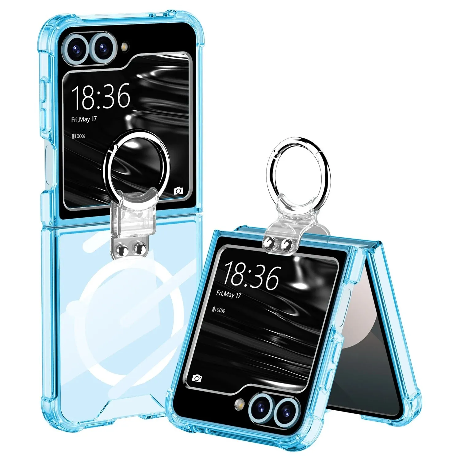 Wireless Charging Transparent Silver Ring Bracket Phone Case Four Corner Protection For Samsung Galaxy Z Flip 6 5