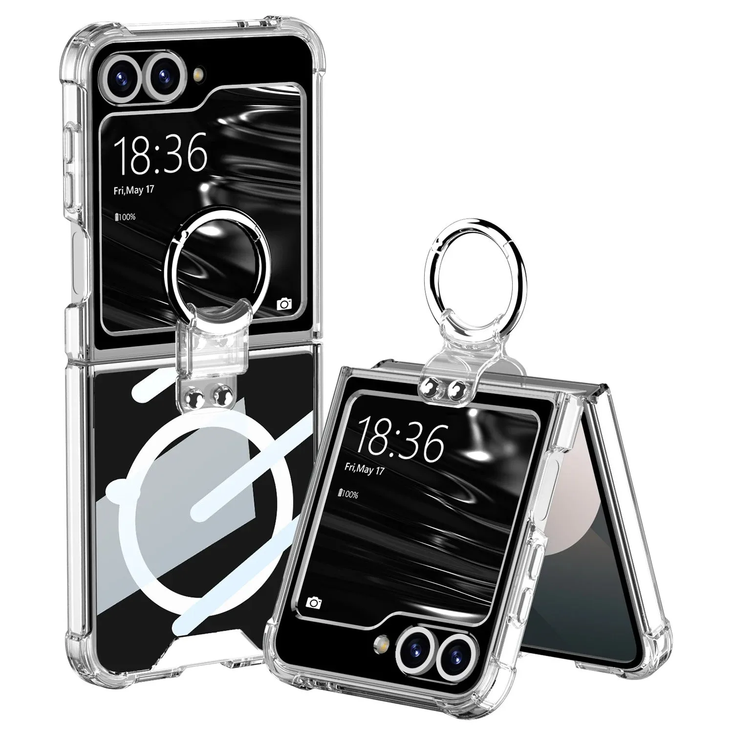 Wireless Charging Transparent Silver Ring Bracket Phone Case Four Corner Protection For Samsung Galaxy Z Flip 6 5