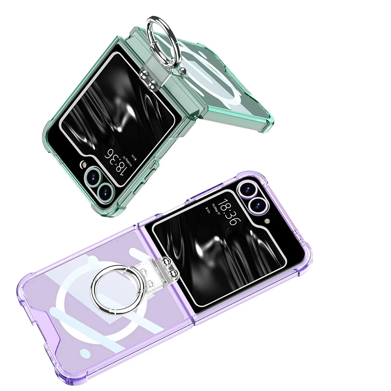 Wireless Charging Transparent Silver Ring Bracket Phone Case Four Corner Protection For Samsung Galaxy Z Flip 6 5