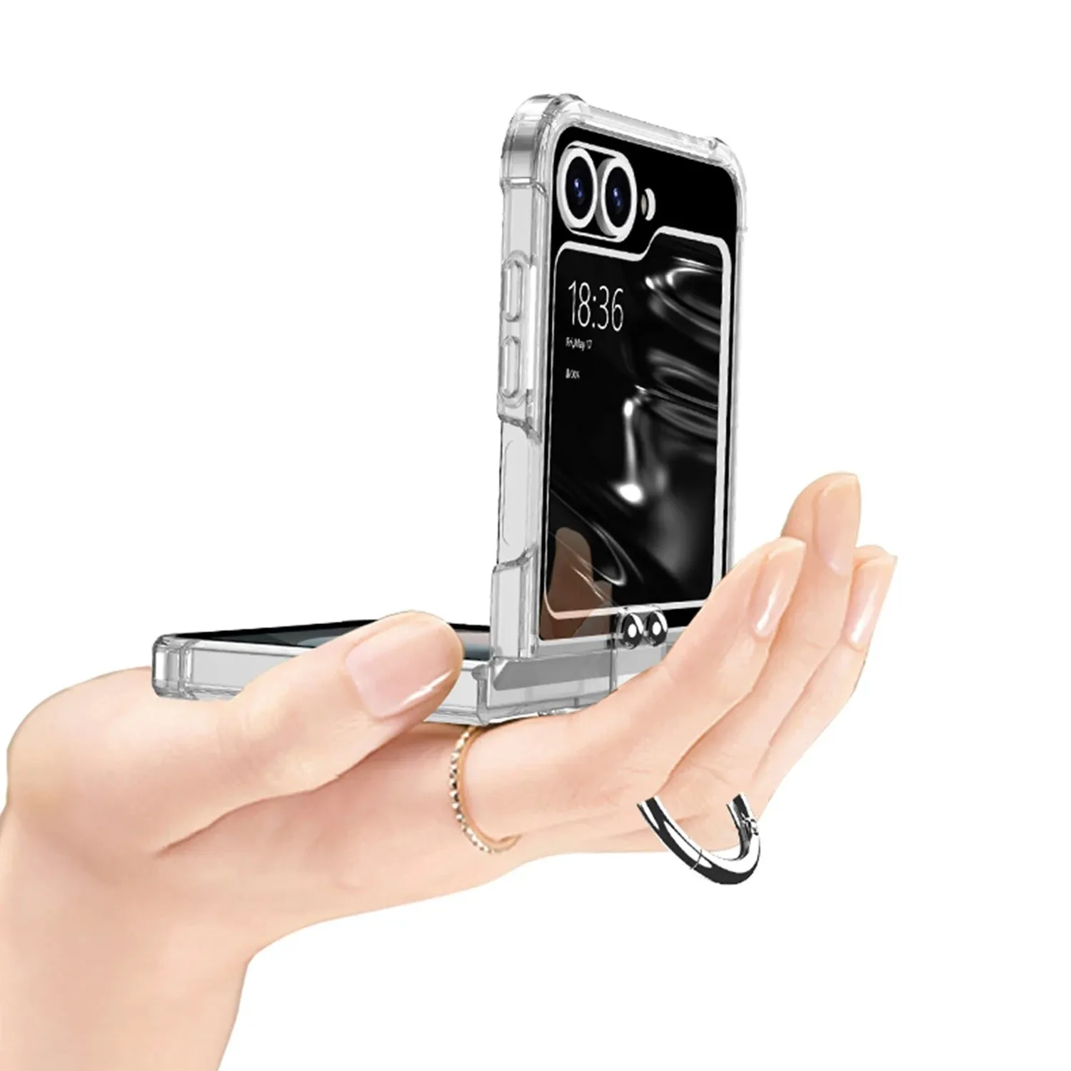 Wireless Charging Transparent Silver Ring Bracket Phone Case Four Corner Protection For Samsung Galaxy Z Flip 6 5