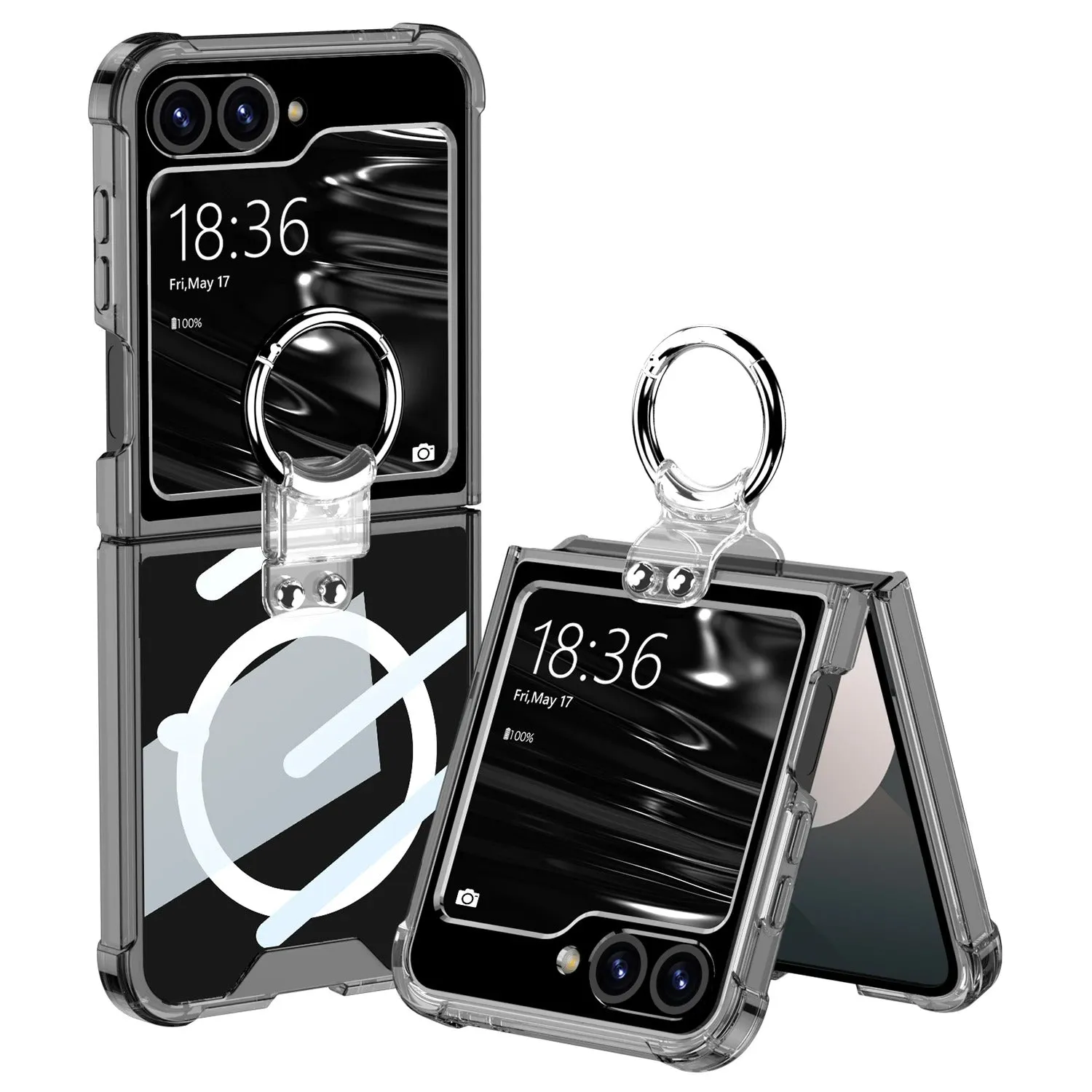 Wireless Charging Transparent Silver Ring Bracket Phone Case Four Corner Protection For Samsung Galaxy Z Flip 6 5