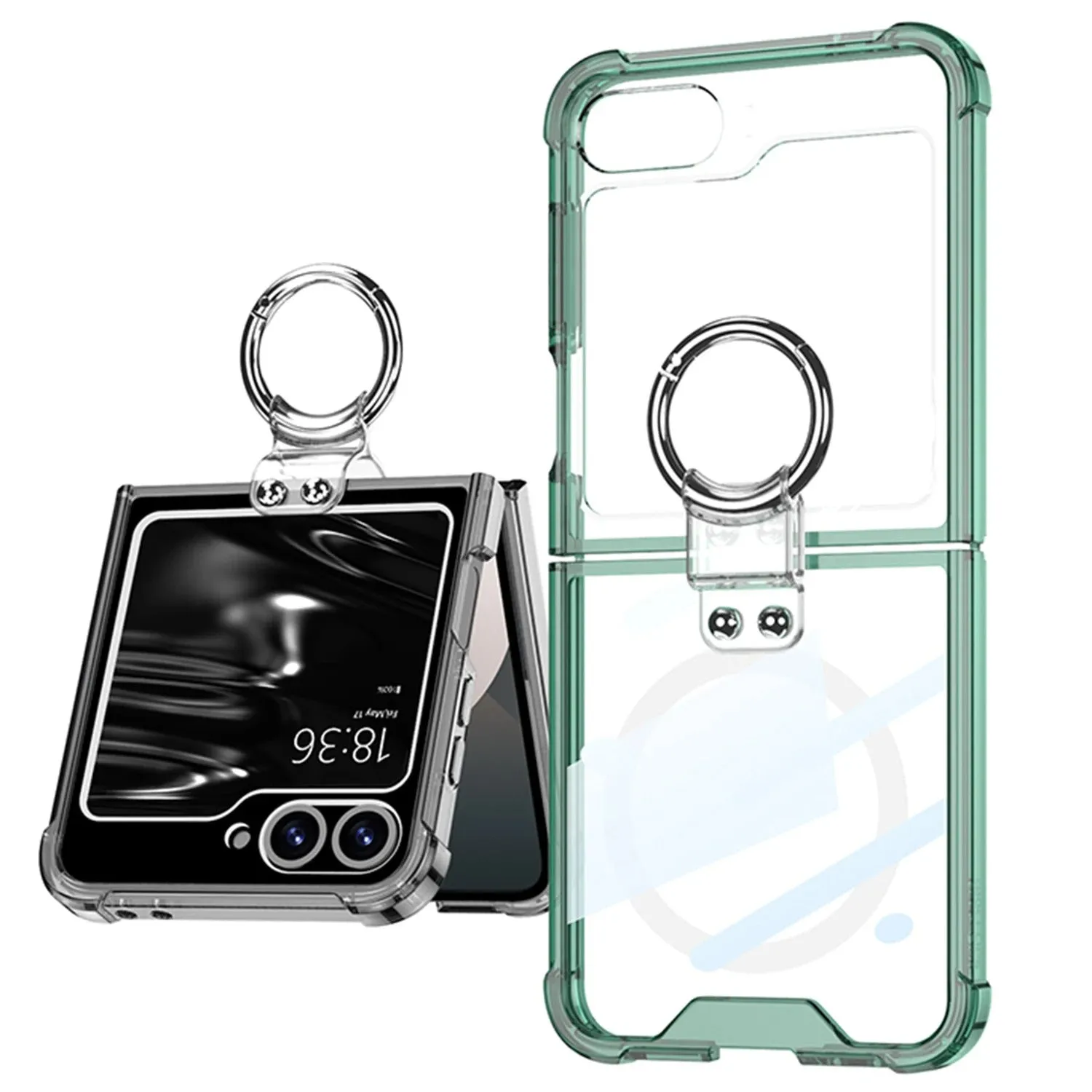 Wireless Charging Transparent Silver Ring Bracket Phone Case Four Corner Protection For Samsung Galaxy Z Flip 6 5