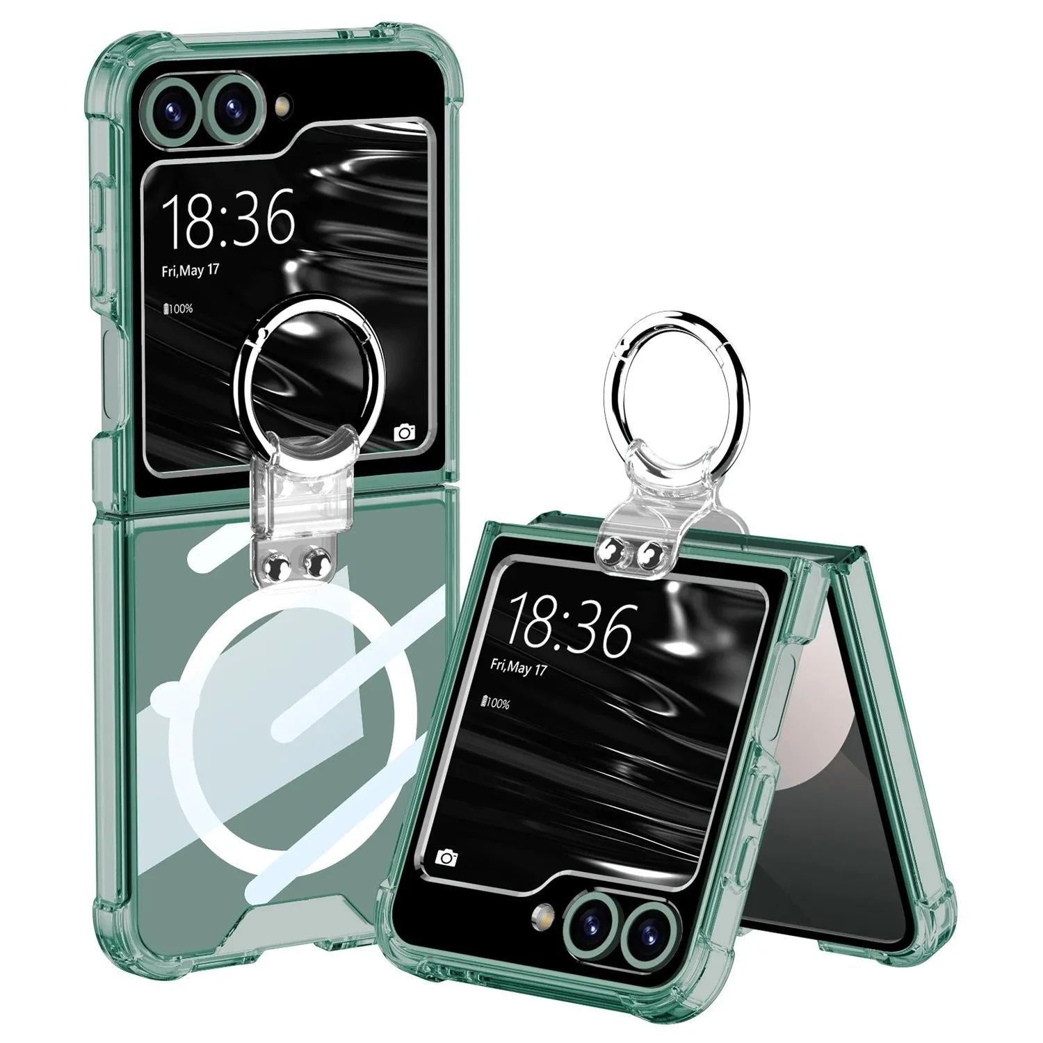 Wireless Charging Transparent Silver Ring Bracket Phone Case Four Corner Protection For Samsung Galaxy Z Flip 6 5