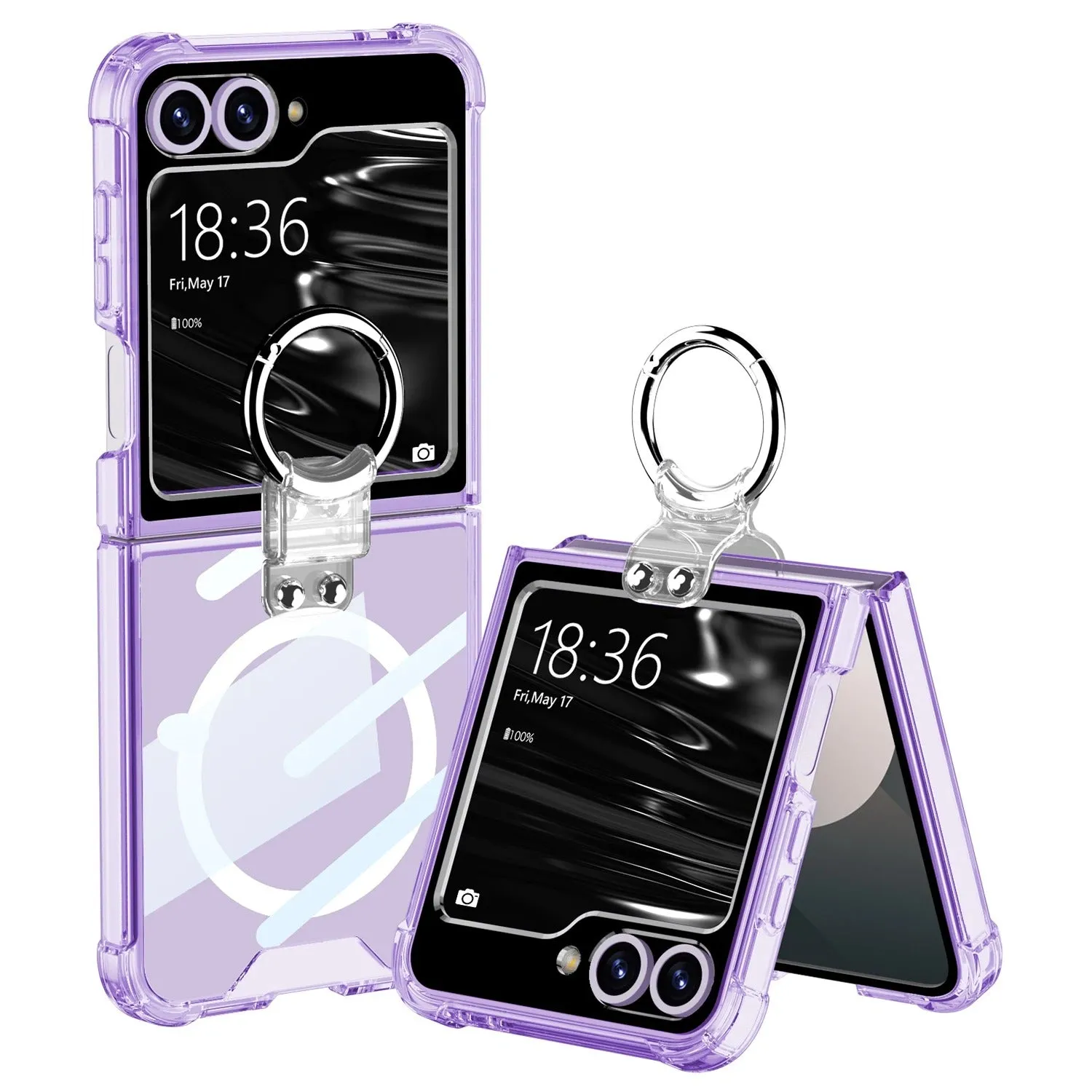 Wireless Charging Transparent Silver Ring Bracket Phone Case Four Corner Protection For Samsung Galaxy Z Flip 6 5