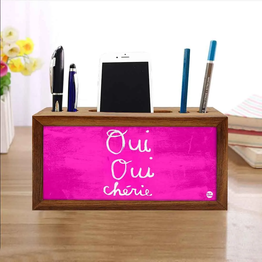 Wooden desk pen mobile organizer - Qui Pink