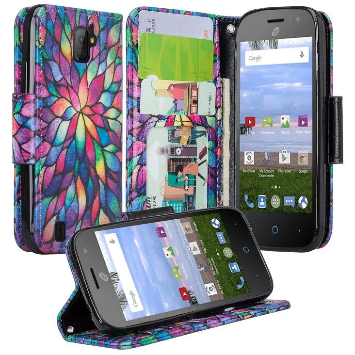 ZTE Citrine LTE Case, Wrist Strap Flip Folio [Kickstand] Pu Leather Wallet Case with ID & Credit Card Slots & Money Pocket - Rainbow Flower