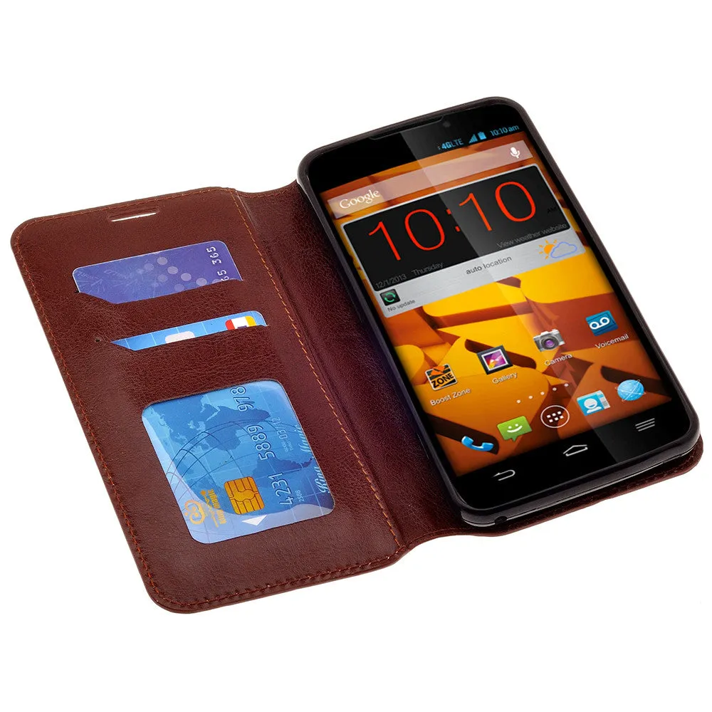 ZTE Max | N9520 | Boost Max Case, Wrist Strap Magnetic Fold[Kickstand] Pu Leather Wallet Case with ID & Credit Card Slots - Brown