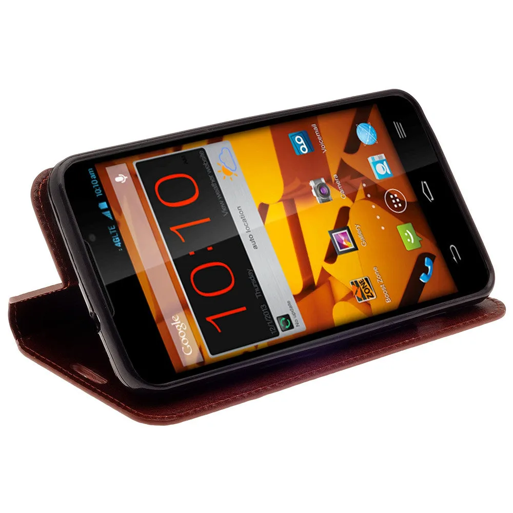 ZTE Max | N9520 | Boost Max Case, Wrist Strap Magnetic Fold[Kickstand] Pu Leather Wallet Case with ID & Credit Card Slots - Brown