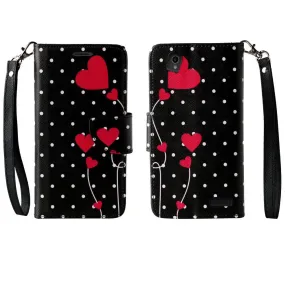 ZTE Obsidian | ZTE Z820 Case, Wrist Strap Magnetic Fold[Kickstand] Pu Leather Wallet Case with ID & Credit Card Slots for ZTE Obsidian - Polka Dot Hearts