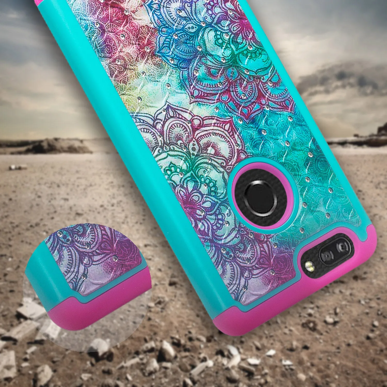 ZTE Sequoia Case, Blade Z Max, ZTE Z982 Case, Slim Hybrid [Shock/Impact Resistant] Crystal Rhinestone Dual Layer Protective Cover for ZTE Sequoia - Teal Flower