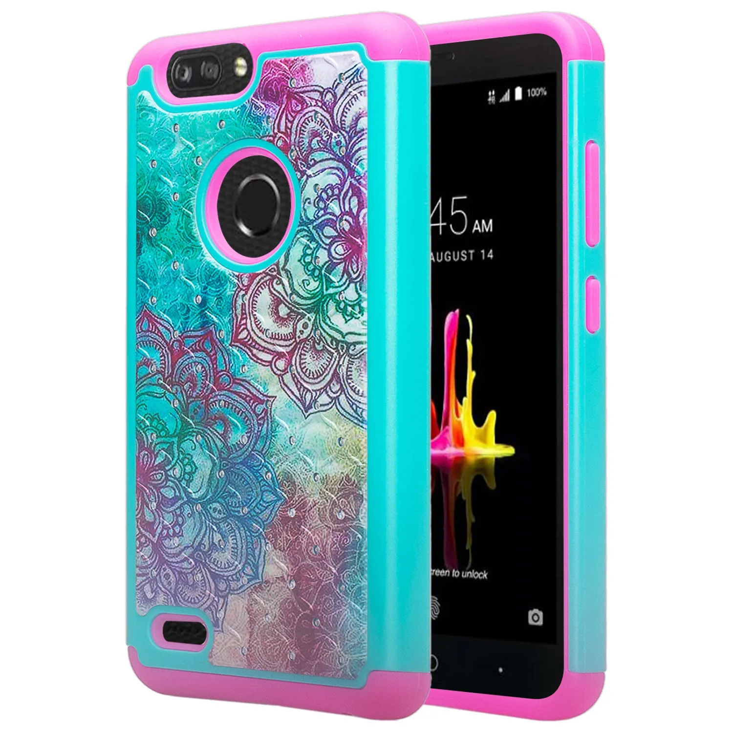 ZTE Sequoia Case, Blade Z Max, ZTE Z982 Case, Slim Hybrid [Shock/Impact Resistant] Crystal Rhinestone Dual Layer Protective Cover for ZTE Sequoia - Teal Flower