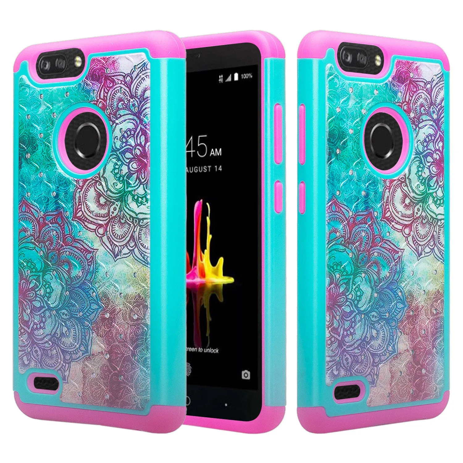 ZTE Sequoia Case, Blade Z Max, ZTE Z982 Case, Slim Hybrid [Shock/Impact Resistant] Crystal Rhinestone Dual Layer Protective Cover for ZTE Sequoia - Teal Flower