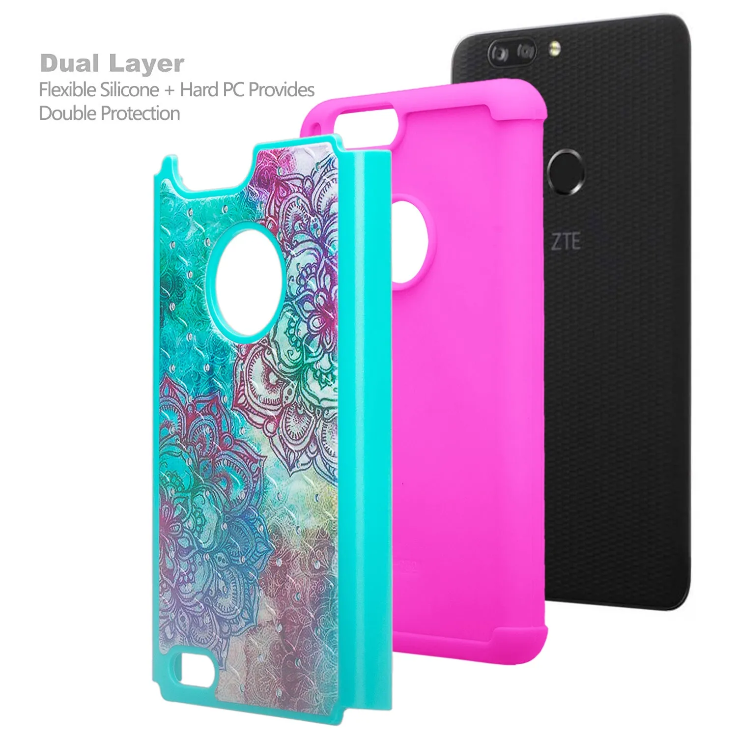 ZTE Sequoia Case, Blade Z Max, ZTE Z982 Case, Slim Hybrid [Shock/Impact Resistant] Crystal Rhinestone Dual Layer Protective Cover for ZTE Sequoia - Teal Flower