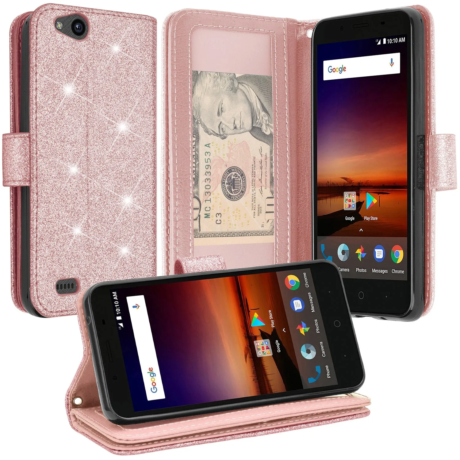 ZTE Tempo X Case, Tempo Go, Blade Vantage, Avid 4, ZFive C, ZFive G, N9137, Z557BL, Z558VL Case, Glitter Faux Leather Flip Credit Card Holder Wrist Strap Shockproof Protective Wallet Case Clutch for ZTE Tempo X - Rose Gold