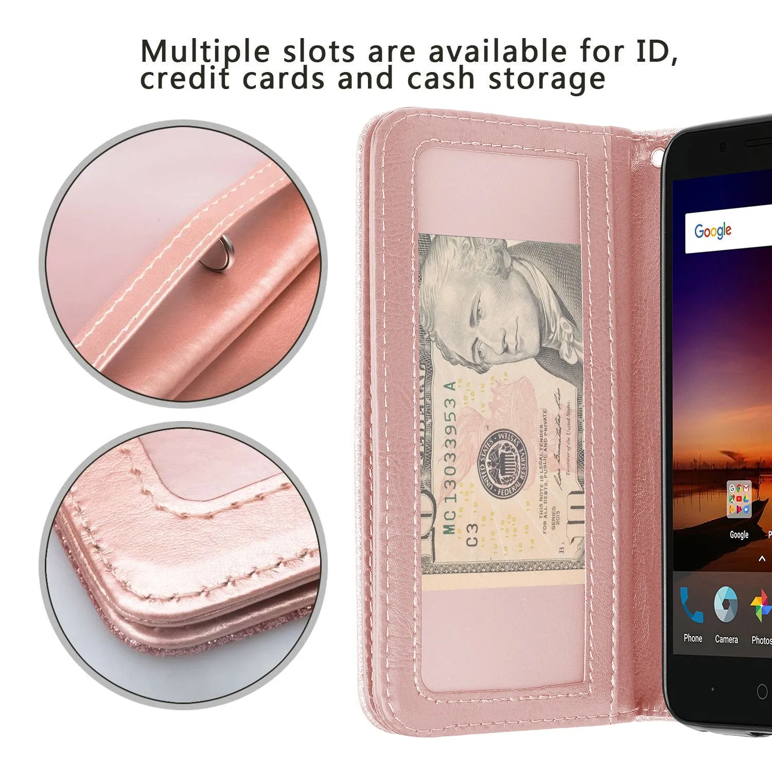 ZTE Tempo X Case, Tempo Go, Blade Vantage, Avid 4, ZFive C, ZFive G, N9137, Z557BL, Z558VL Case, Glitter Faux Leather Flip Credit Card Holder Wrist Strap Shockproof Protective Wallet Case Clutch for ZTE Tempo X - Rose Gold