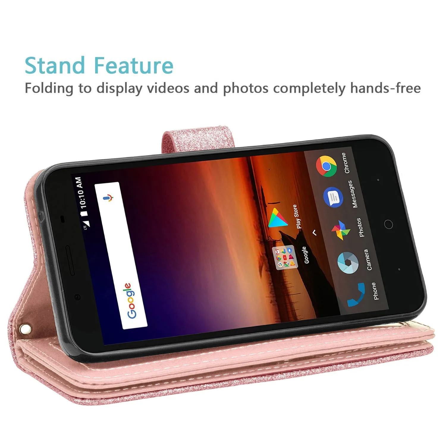 ZTE Tempo X Case, Tempo Go, Blade Vantage, Avid 4, ZFive C, ZFive G, N9137, Z557BL, Z558VL Case, Glitter Faux Leather Flip Credit Card Holder Wrist Strap Shockproof Protective Wallet Case Clutch for ZTE Tempo X - Rose Gold