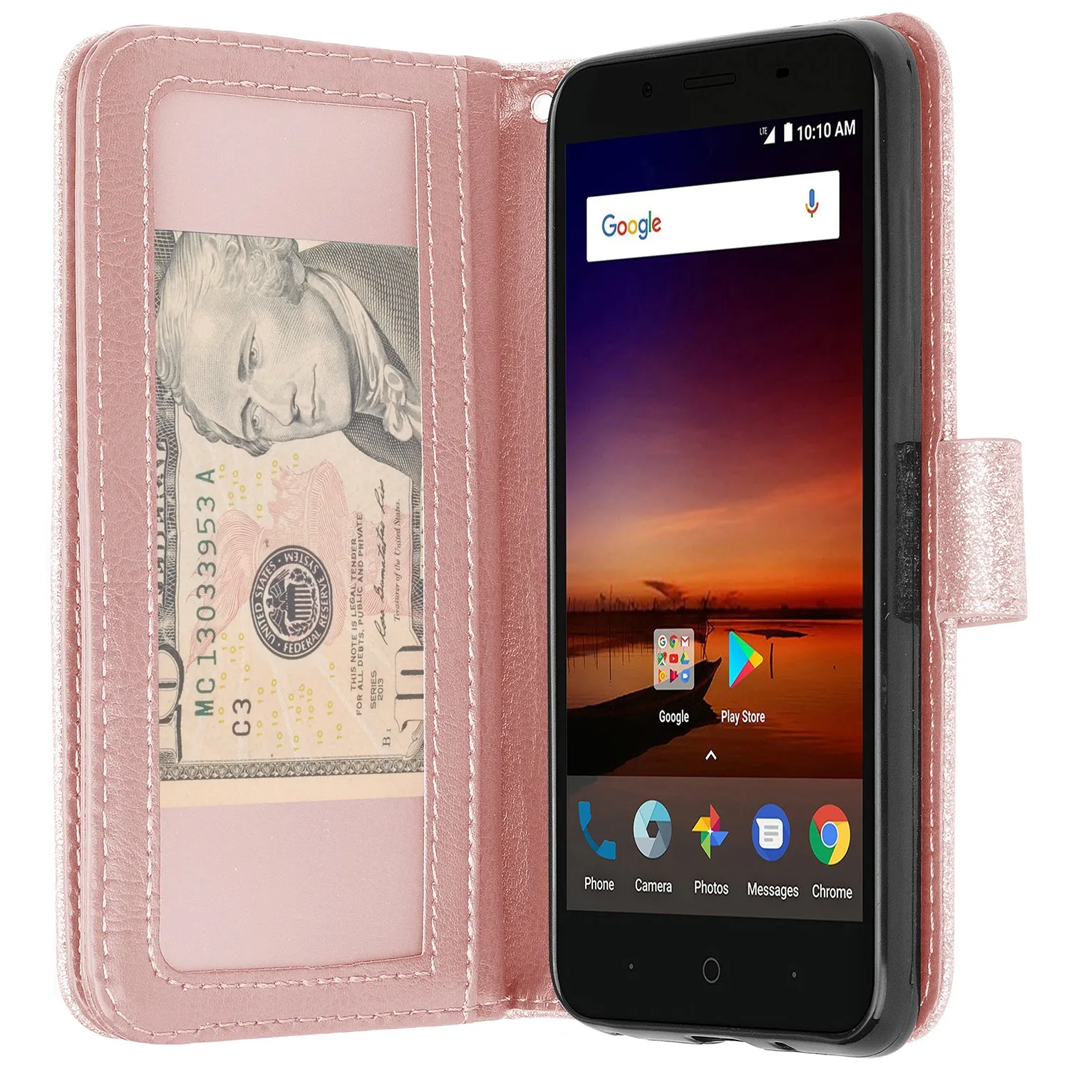 ZTE Tempo X Case, Tempo Go, Blade Vantage, Avid 4, ZFive C, ZFive G, N9137, Z557BL, Z558VL Case, Glitter Faux Leather Flip Credit Card Holder Wrist Strap Shockproof Protective Wallet Case Clutch for ZTE Tempo X - Rose Gold