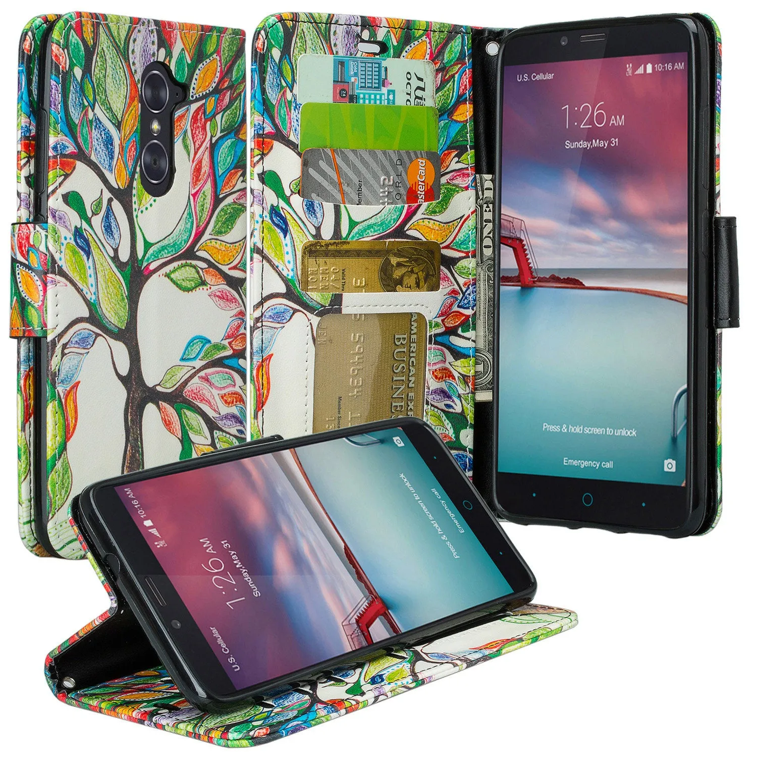 ZTE ZMAX Pro Case | Blade X Max | ZTE Carry | ZTE Grand X Max 2 Case | ZTE Imperial Max Case | Max Duo Wrist Strap Pu Leather Magnetic Fol[Kickstand] Wallet Case[ID & Card Slots] - Colorful Tree